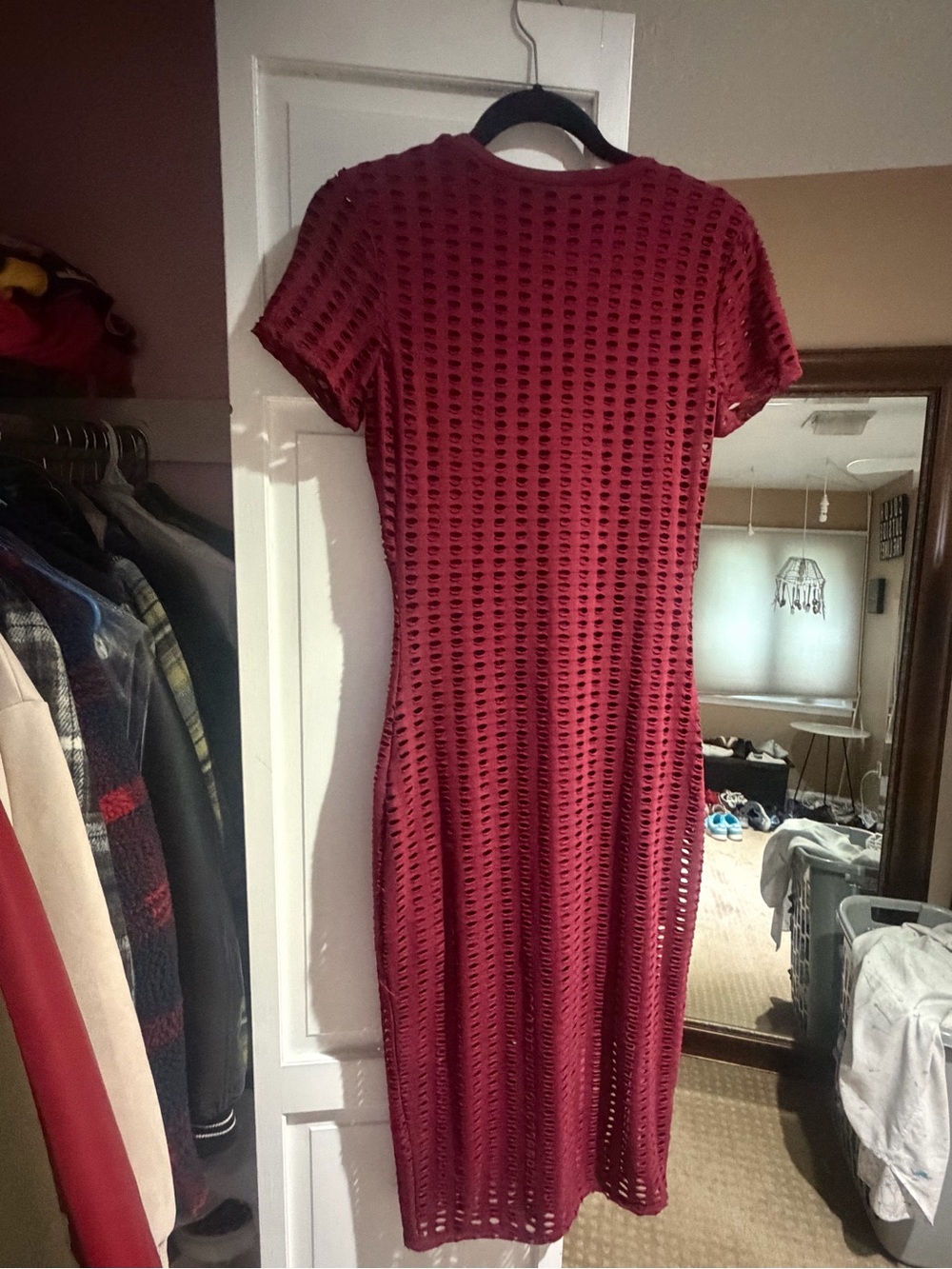Kendall & Kylie Open-Knit Short Sleeve Midi Dress - Berry Red